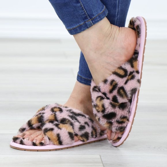 Cross Strap Leopard Blush Pink Puff Fuzzy  Fluffy Slip On Plush Slippers - Picture 10 of 13